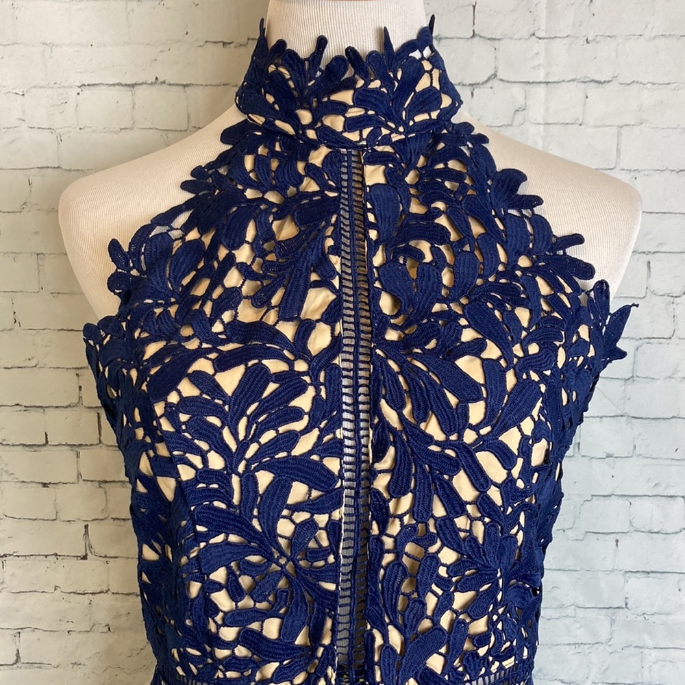 Lulus Divine Destiny Navy Blue Lace Halter Backless Midi Dress Size Large Sexy - Picture 5 of 16